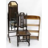 AN ANTIQUE OAK BARLEY TWIST CARVED HALL CHAIR, a mahogany framed cheval mirror and a open