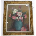 AN EARLY 20TH CENTURY STILL LIFE, roses in a vase, oil on canvas, indistinctly signed lower left,