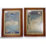 TWO JAPANESE WOODBLOCK PRINTS, each in maplewood frames, 25cm x 35cm; C.Maroni, street scene,