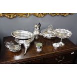 A SELECTION OF SILVER PLATED ITEMS to include a entree dish, tazza, wine funnel, toast rack,
