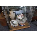 A MISCELLANEOUS QUANTITY OF CERAMICS to include a Staffordshire greyhound pen stand, a Royal Crown