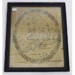 A 19TH CENTURY TAPESTRY PICTURE of England, Wales and Scotland, 55cm x 44cm