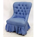 A LAURA ASHLEY BLUE FABRIC BUTTON UPHOLSTERED LOW CHAIR