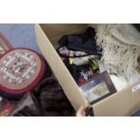 A BOX OF BERLIN WOOLWORK AND TAPESTRY PICTURES, embroidered cloths, beadwork footstool etc