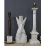 A WHITE MARBLE TABLE LAMP, two further table lamps of column form, the largest 45cm in height