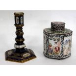 A 20TH CENTURY MEISSEN GILT PATTERN CANDLESTICK and a Cantonese hexagonal enamel tea caddy with