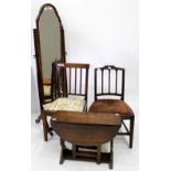 A MAHOGANY FRAMED CHEVAL MIRROR, a late 18th / early 19th century oak miniature gateleg table and