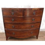 A 19TH CENTURY BOW FRONTED CHEST OF TWO SHORT AND THREE LONG DRAWERS with brass ring handles