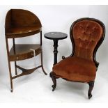 A VICTORIAN UPHOLSTERED NURSING CHAIR, a Victorian bow fronted corner wash stand, 62cm wide and an