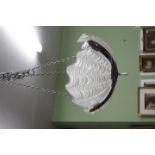 AN ART DECO STYLE FROSTED GLASS AND CHROME CEILING LIGHT of scallop shell design 34cm wide