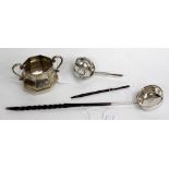A LONDON OCTAGONAL SILVER SUGAR BASIN and two antique toddy ladles (3)