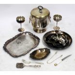 A SILVER PLATED ICE BUCKET together with further items of silver plate to include cutlery