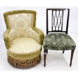A VICTORIAN DRALON AND DAMASK UPHOLSTERED TUB CHAIR on turned legs with fringed decoration, 80cm and