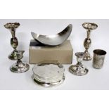 A SELECTION OF SILVER ITEMS including a stainless steel George Jensen leaf dish in box, a velvet
