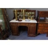 A VICTORIAN MARBLE TOPPED DESK / WASH STAND with a tiled back, three short drawers and two
