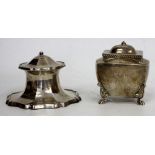 A BIRMINGHAM SILVER INKWELL STAND with capped lid and an antique Birmingham silver tea caddy