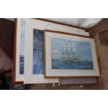MONTAGUE DAWSON A reproduction maritime print, 51cm x 81cm, six further maritime prints and a