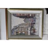 A 1960'S CITY STREET SCENE oil on canvas, indistinctly signed to the lower right hand corner 49cm