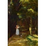 * BELEZ A young lady with dog in a sun drenched summer's garden, signed, oil on canvas, 90cm x 59cm