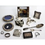 A SELECTION OF BIRMINGHAM AND LONDON SILVER PHOTOFRAMES, cigarette case, serving spoon etc