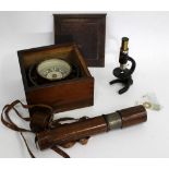 A LEATHER CASED BRASS THREE DRAWER 'FIELD' TELESCOPE by Aitchison of London, numbered 5384, 81cm
