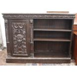 AN ANTIQUE OAK CARVED BOOKCASE with carved door panel standing on plinth base, 150cm x 115cm x 36cm