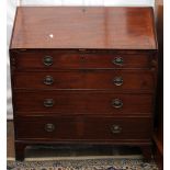 A GEORGE III MAHOGANY BUREAU, the fall front above four drawers standing on bracket feet, 99cm x