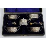 A VICTORIAN SILVER FIVE PIECE CONDIMENT SET in a fitted case, with marks for Birmingham 1871