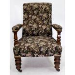 A VICTORIAN OAK FRAMED UPHOLSTERED OPEN ARMCHAIR, 70cm wide