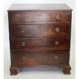 A GEORGE III MAHOGANY CHEST OF FOUR LONG DRAWERS fitted with ring pull handles, standing on shaped