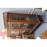 AN EDWARDIAN MAHOGANY AND SATINWOOD INLAID DISPLAY CABINET with twin glazed doors and square