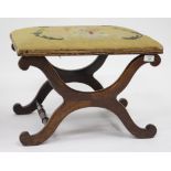 A WILLIAM IV ROSEWOOD X-FRAMED STOOL with a tapestry top, 50cm x 36cm x 43cm