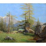 JOSEPH MEGARD (1850-1918) An Alpine landscape, signed and dated '92, oil on canvas, 45cm x 54cm