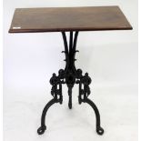 A 19TH CENTURY RECTANGULAR TOPPED PUB TABLE with mahogany rectangular top standing on a cast iron