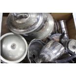 A COLLECTION OF 19TH CENTURY AND LATER SILVER PLATE to include biscuit barrels, tea pots etc