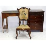 AN EDWARDIAN MAHOGANY AND SATINWOOD INLAID DESK, 81cm wide; a rosewood low chair with embroidered