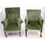 A VICTORIAN BUTTON BACK UPHOLSTERED ARMCHAIR in green Draylon and a 19th century green upholstered