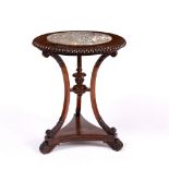 A REGENCY ROSEWOOD MARBLE TOPPED CENTRE TABLE on triform base, standing on scroll feet, 74cm high