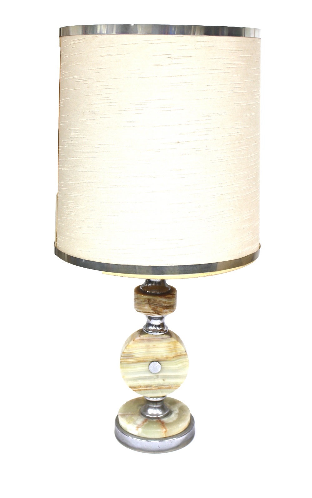 A TURNED CHROME AND ONYX TABLE LAMP 46cm high together with a cylindrical shade