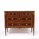 A 19TH CENTURY ITALIAN MAHOGANY AND TULIP WOOD COMMODE with inset marble top bordered by cross
