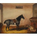 ENGLISH SCHOOL 'Spode', black pony in a stable with a pug, oil on canvas, 49cm x 59cm