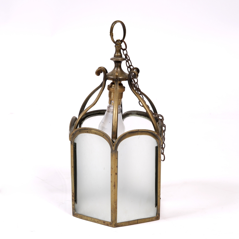 A SMALL BRASS HEXAGONAL HALL LANTERN 16.5cm wide x 35cm high