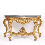 AN ITALIAN 18TH CENTURY STYLE CARVED GILTWOOD CONSOLE TABLE with serpentine grey marble top over