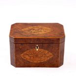 A GEORGE III BURR YEW WOOD VENEERED TEA CADDY with decorative oak branch and shell inlay to the