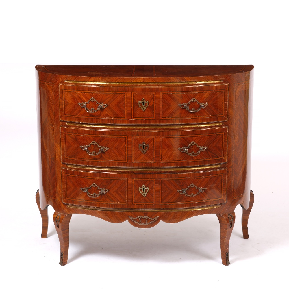 A PAIR OF ITALIAN KINGWOOD DEMI LUNE THREE DRAWER COMMODES each with quarter veneered decoration - Image 2 of 4