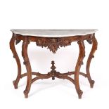 AN ITALIAN 18TH CENTURY STYLE CARVED WOOD CONSOLE TABLE with serpentine grey marble top, the base