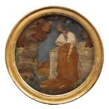 A CIRCULAR REGENCY SILK WORK PICTURE of a girl standing by an alter with a mirrored background and