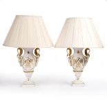 A PAIR OF NAPOLEONIC STYLE FRENCH PORCELAIN TABLE LAMPS with gilt decoration of eagles and with swan