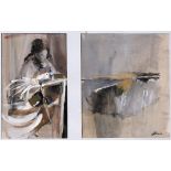 THREE MID TO LATE 20TH CENTURY PAINTINGS one an abstract oil on board, the other of a seated lady,