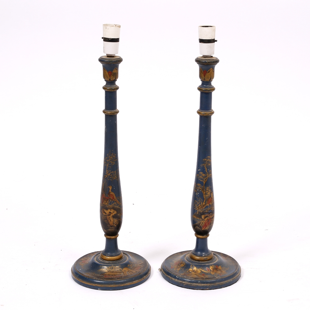 A PAIR OF EARLY 20TH CENTURY TURNED BLUE LACQUERED CHINOISERIE DECORATED TABLE LAMPS 47cm high